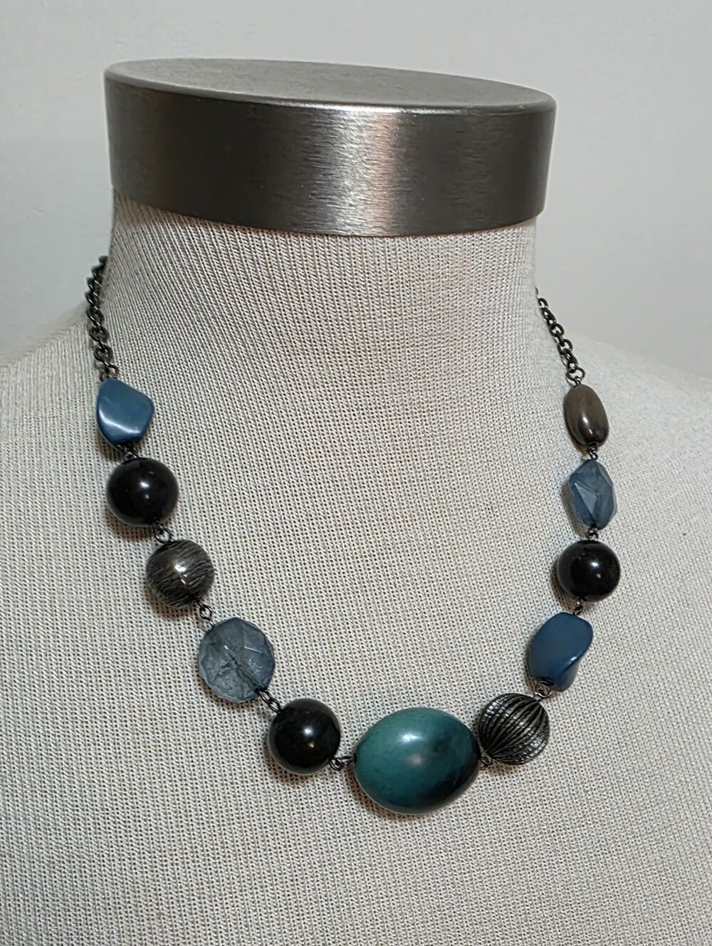 Blue Black Beaded Necklace 20" Long